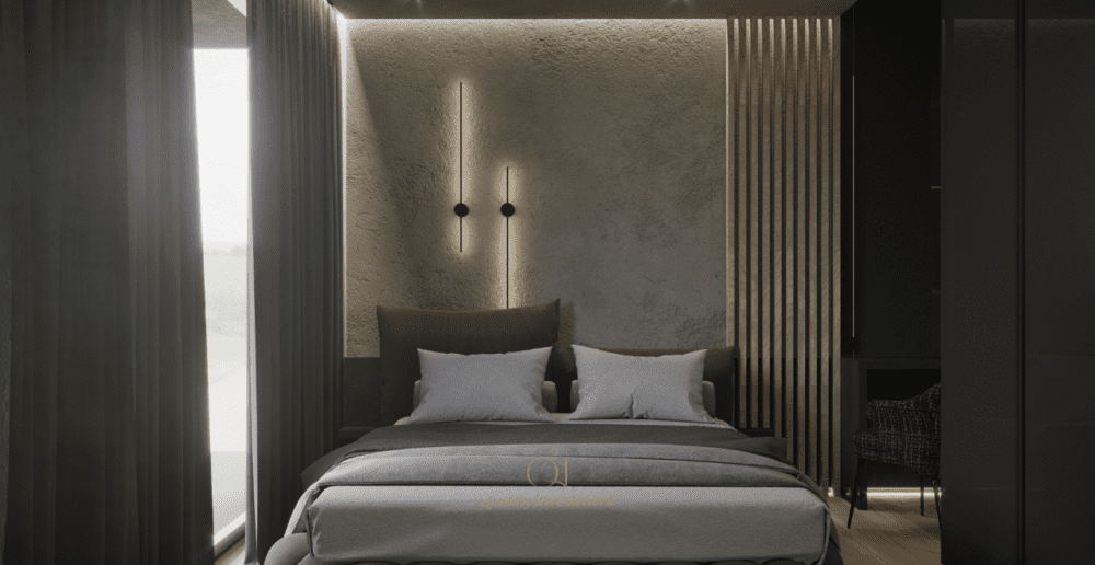 Beton architektoniczny w sypialni za łóżkiem 