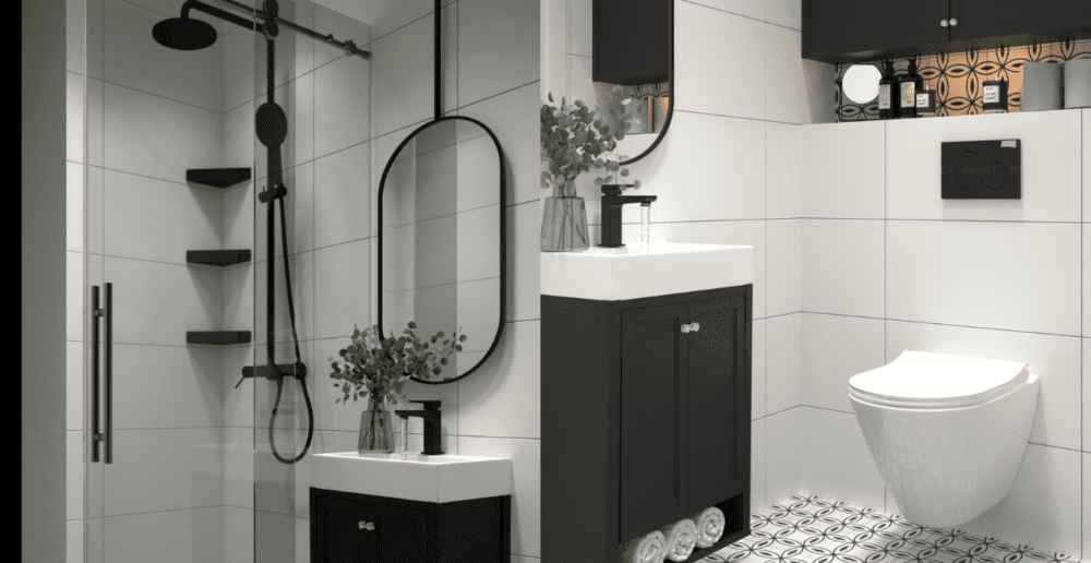 wizualizacja małej łazienki z jasnymi płytkami