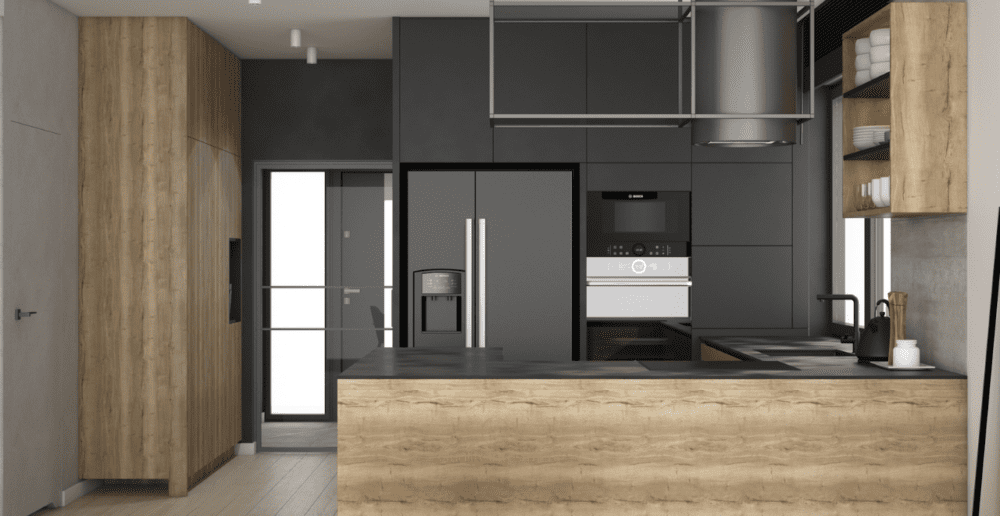 Ciemne meble kuchenne w połączeniu z drewnem 
