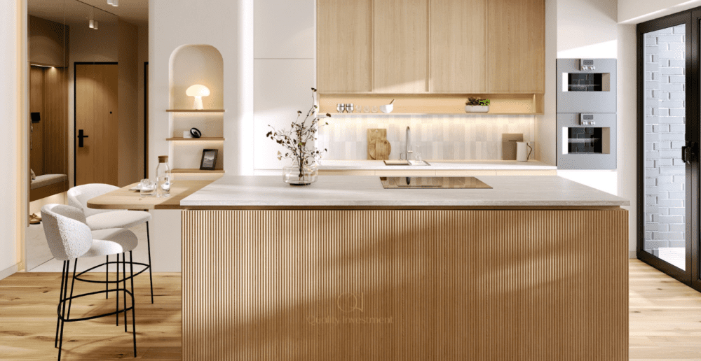 Jasna duża kuchnia z ryflowaną wyspą 