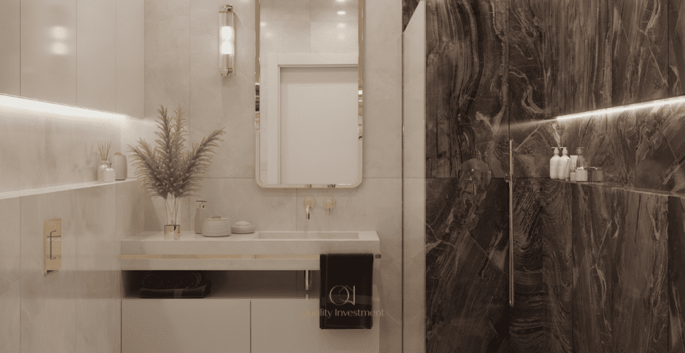 łazienka w połączeniu jasnych i ciemnych kolorów