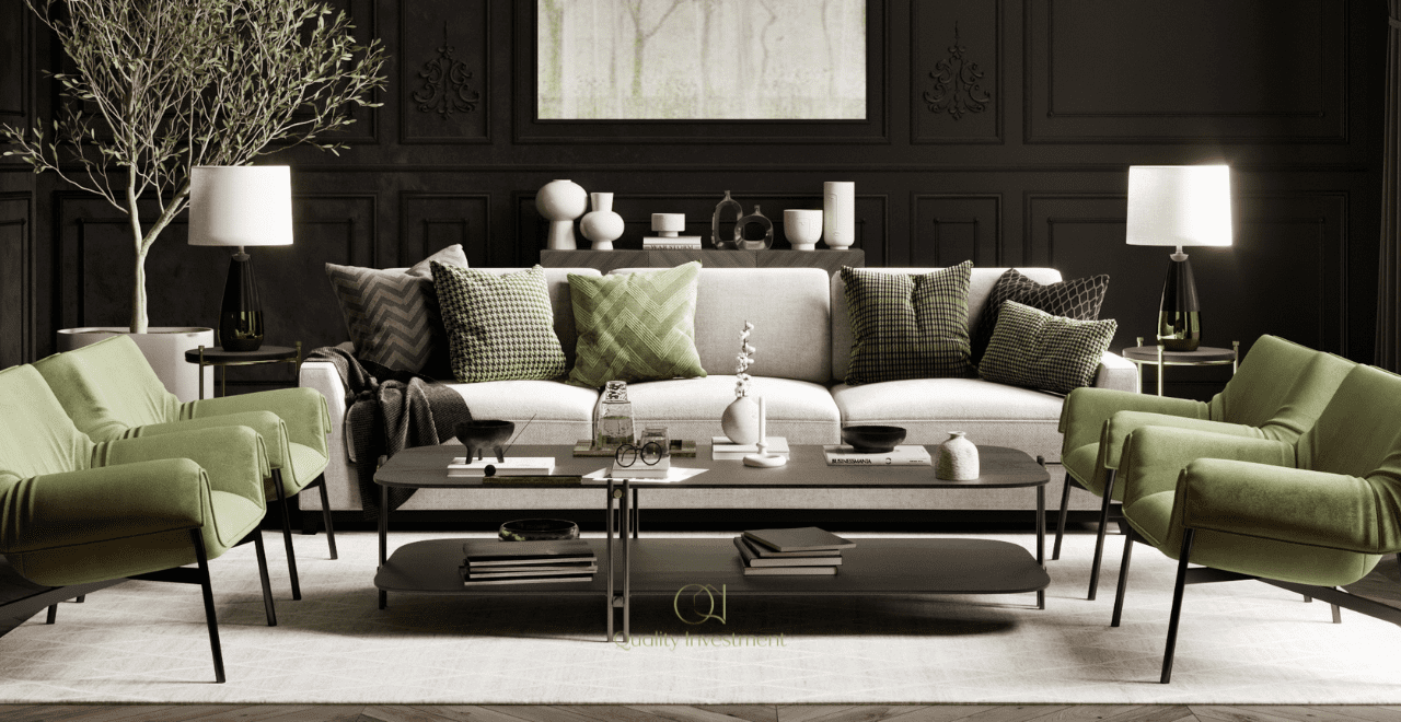 Przytulny salon z ciemną ścianą