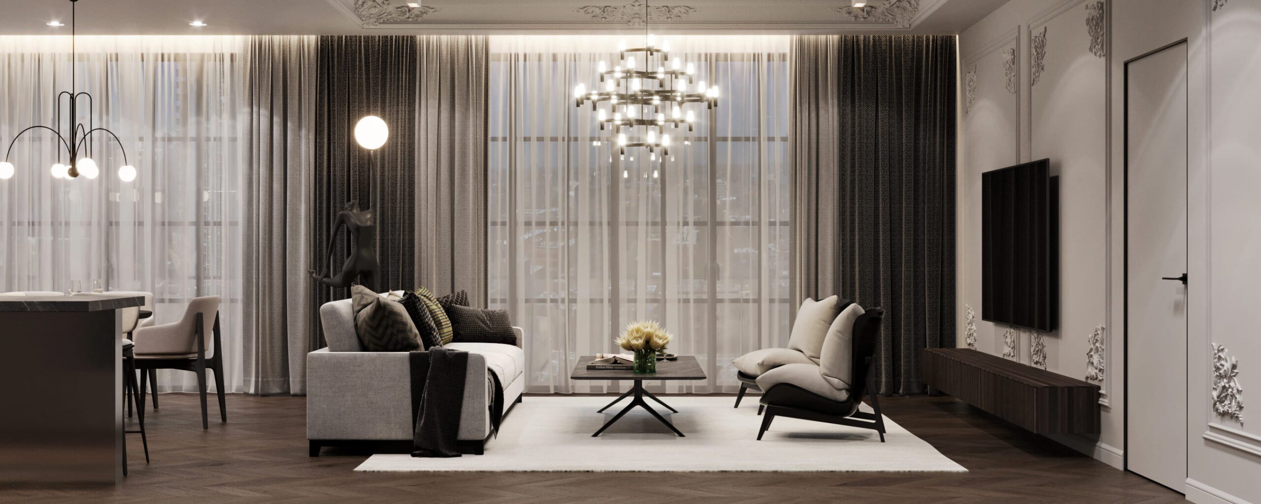 dekoracje dużego okna w salonie